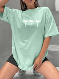 Women'WB shield Cartoon Palm Tree Print Round Neck Tee, Fashion Casual Drop Shoulder Short Sleeve T-shirt, Ladies Summer...