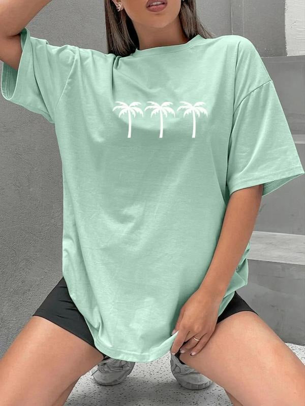 Women'WB shield Cartoon Palm Tree Print Round Neck Tee, Fashion Casual Drop Shoulder Short Sleeve T-shirt, Ladies Summer...