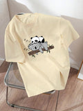 Women'WB shield Cartoon Panda & Koala Print Round Neck Tee, Fashion Casual Drop Shoulder Short Sleeve T-shirt, Ladies...