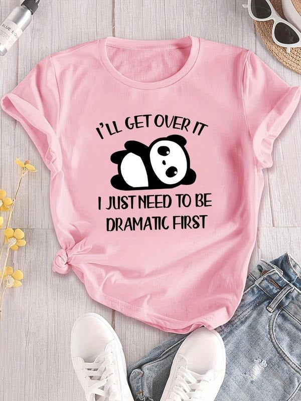 Women'WB shield Cartoon Panda & Letter Print Round Neck Tee, Fashion Casual Crew Neck T-Shirt for Daily Holiday Vacation...