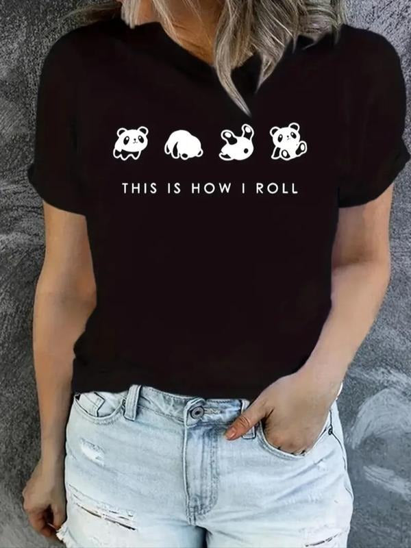 Women'WB shield Cartoon Panda & Letter Print Round Neck Tee, Fashion Casual Crew Neck T-Shirt for Daily Holiday Vacation...