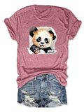 Women'WB shield Cartoon Panda Print Round Neck Tee, Cute Fashion Casual Short Sleeve Crew Neck T-shirt for Daily Holiday...