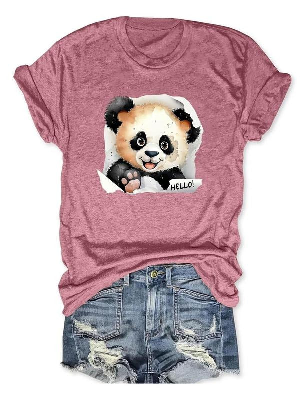 Women'WB shield Cartoon Panda Print Round Neck Tee, Cute Fashion Casual Short Sleeve Crew Neck T-shirt for Daily Holiday...