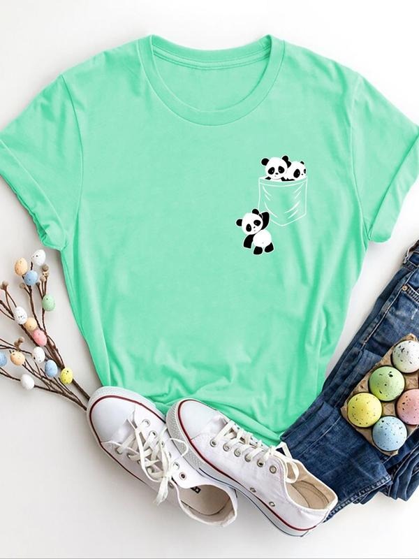 Women'WB shield Cartoon Panda Print Round Neck Tee, Cute Short Sleeve T-Shirt for Summer, Ladies TNF for Daily Wear...
