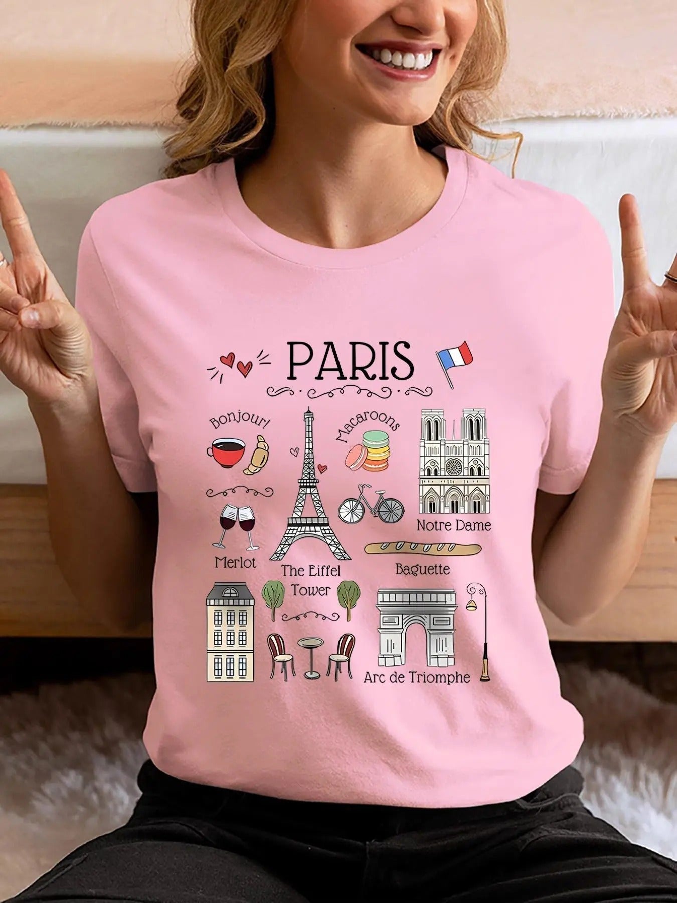 Women'WB shield Cartoon Paris & Letter Print Round Neck Graphic Tee, Vintage Trendy Casual Short Sleeve T-shirt for Daily...
