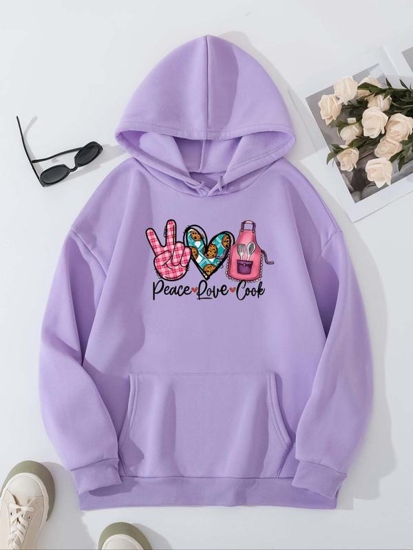Women'WB shield Cartoon Pattern & Letter Print Hoodie, Fashion Casual Long Sleeve Hooded Sweatshirt for Daily Wear,...