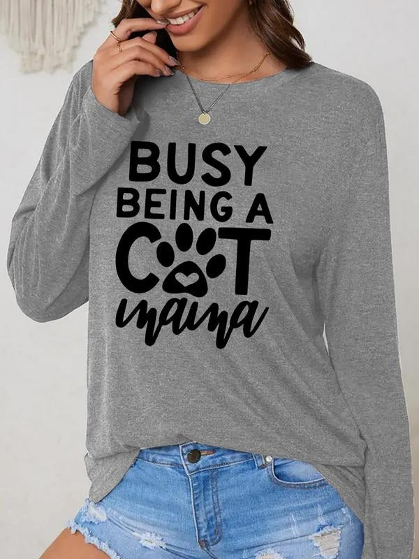 Women'WB shield Cartoon Paw & Letter Print Drop Shoulder Tee, Casual Long Sleeve Round Neck T-Shirt for Spiky hair...