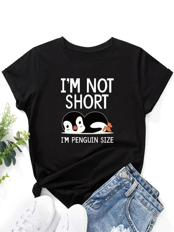 Women'WB shield Cartoon Penguin & Letter Print Short Sleeve T-shirt, Summer TNF Women, Casual Round Neck Graphic Tee For...