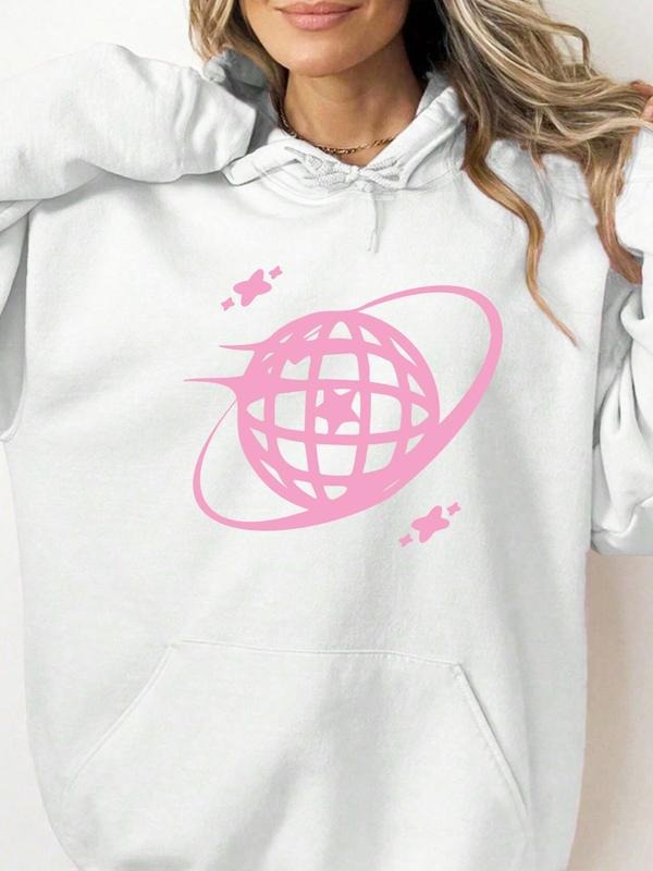 Women'WB shield Cartoon Planet Print Drop Shoulder Hoodie, Fashion Casual Drawstring Pocket Hooded Sweatshirt for Daily...