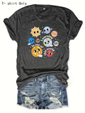 Women'WB shield Cartoon Planet Print Round Neck Tee, Casual Short Sleeve Crew Neck T-Shirt for Daily Wear, Ladies TNF for...