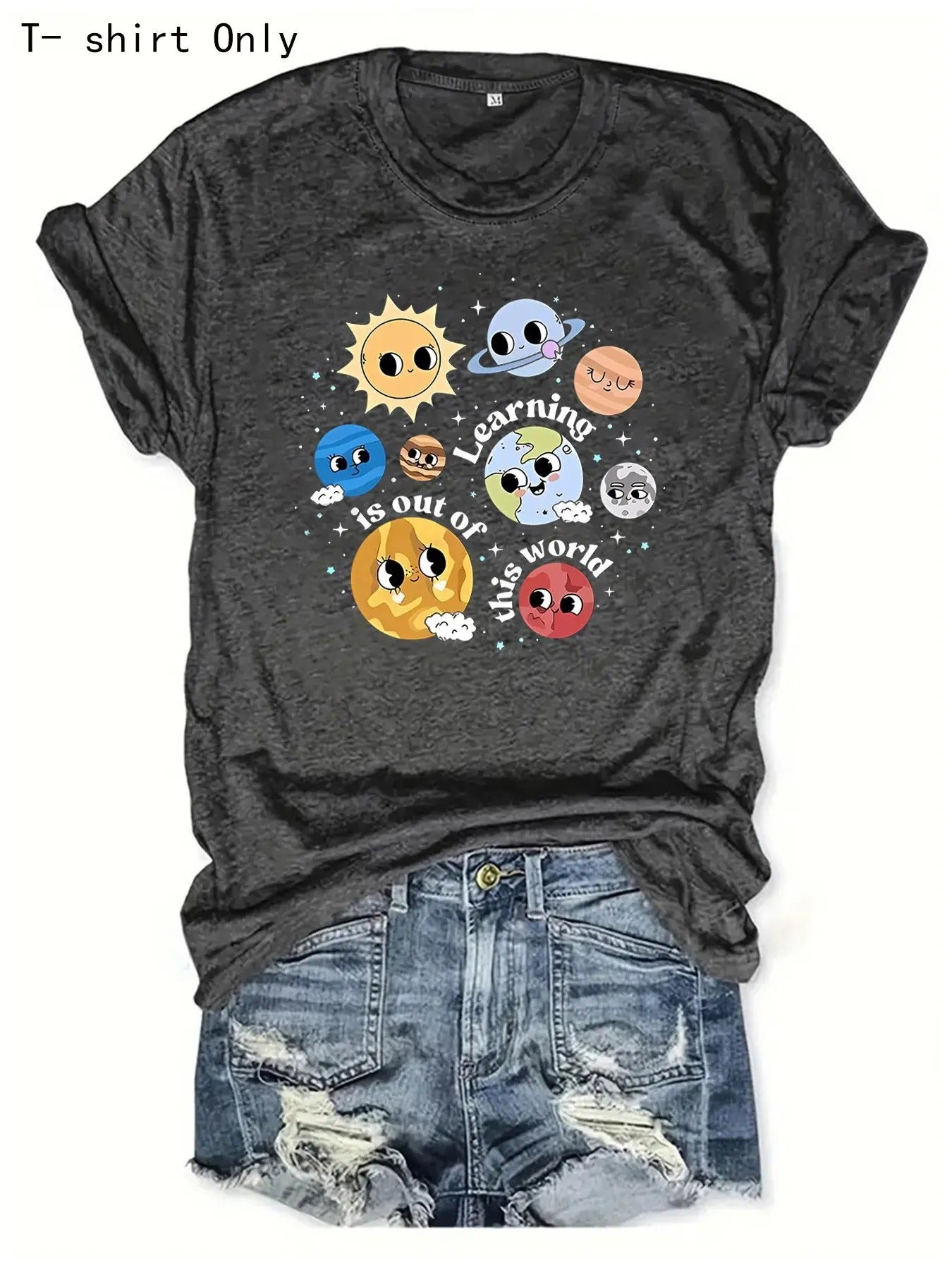 Women'WB shield Cartoon Planet Print Round Neck Tee, Casual Short Sleeve Crew Neck T-Shirt for Daily Wear, Ladies TNF for...