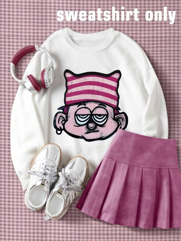 Women'WB shield Cartoon Print Crew Neck Drop Shoulder Sweatshirt, Casual Long Sleeve Pullover for Fall & Winter, Women'WB...