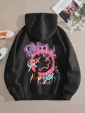 Women'WB shield Cartoon Print Drawstring Pocket Drop Shoulder Hoodie, Fashion Casual Hooded Sweatshirt for Daily Holiday...