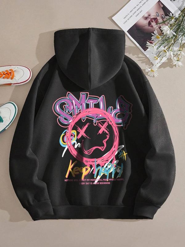 Women'WB shield Cartoon Print Drawstring Pocket Drop Shoulder Hoodie, Fashion Casual Hooded Sweatshirt for Daily Holiday...