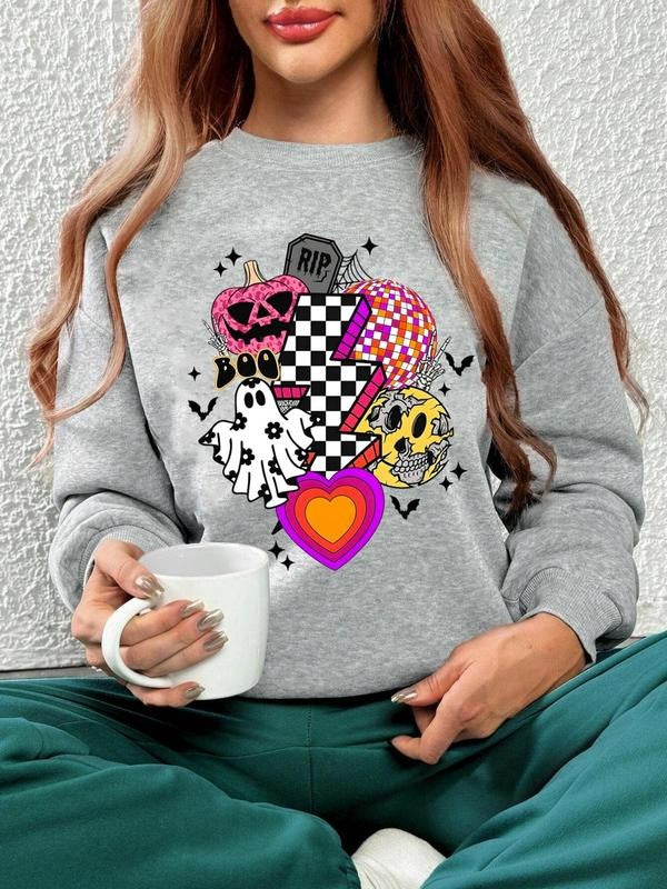 Women'WB shield Cartoon Print Drop Shoulder Sweatshirt, Casual Long Sleeve Round Neck Halloween TNF Pullover for Daily...