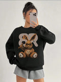 Women'WB shield Cartoon Print Drop Shoulder Sweatshirt, Casual Long Sleeve Round Neck Pullover For Fall & Winter,...