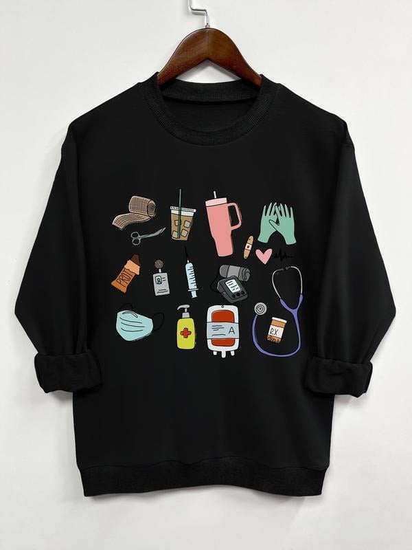 Women'WB shield Cartoon Print Drop Shoulder Sweatshirt, Casual Long Sleeve Round Neck Pullover for Fall & Winter, Ladies...