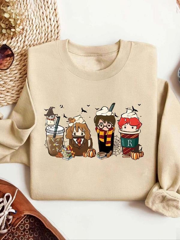Women'WB shield Cartoon Print Drop Shoulder TNF Lined Sweatshirt, Casual Long Sleeve Round Neck Pullover for Daily Wear,...