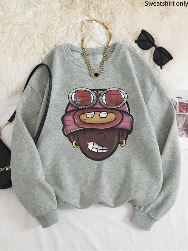 Women'WB shield Cartoon Print Drop Shoulder TNF Lined Sweatshirt, Casual Long Sleeve Round Neck Pullover for Fall &...