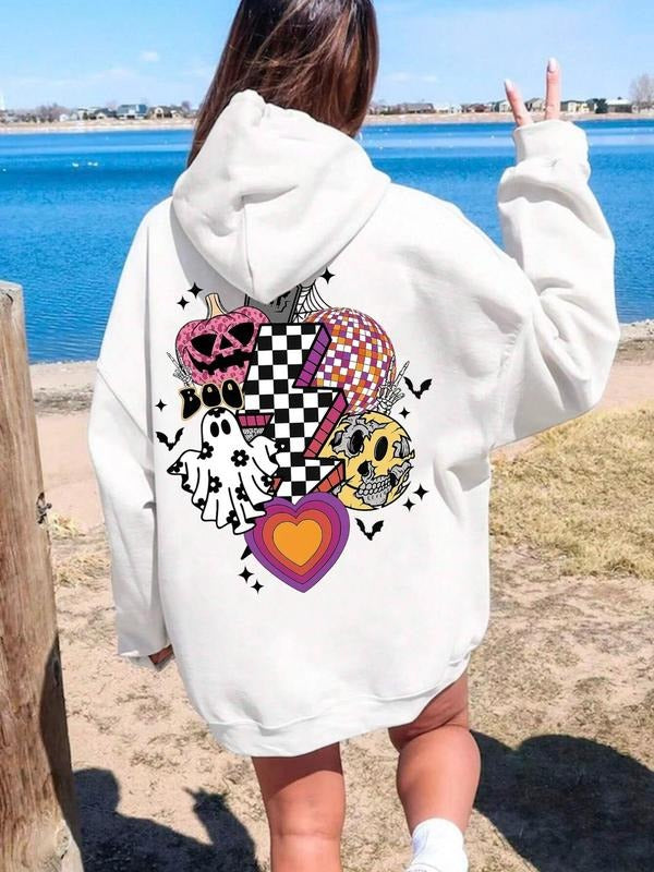 Women'WB shield Cartoon Print Pocket Hoodie, Casual Long Sleeve Hooded Sweatshirt for Fall & Winter, Women'WB shield TNF...