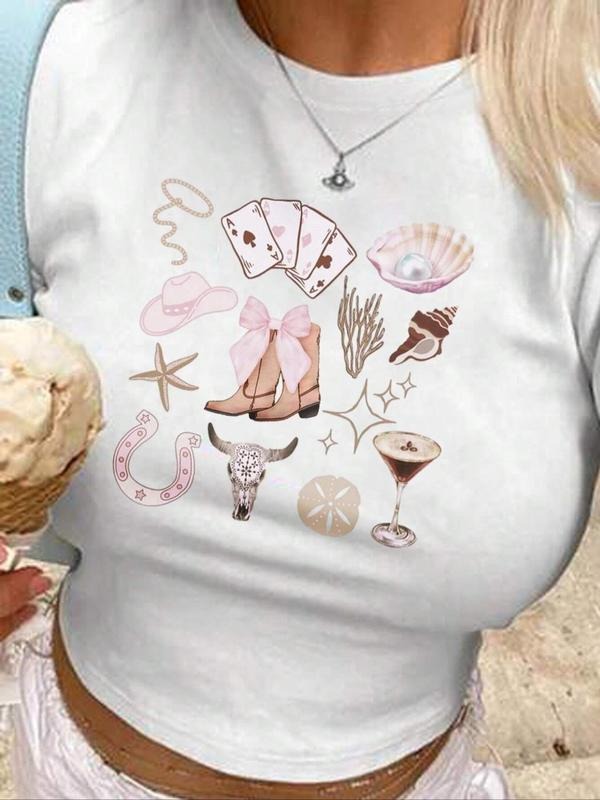 Women'WB shield Cartoon Print Round Neck Crop Tee, Y2K Fashion Casual Short Sleeve T-Shirt for Daily Holiday Vacation...