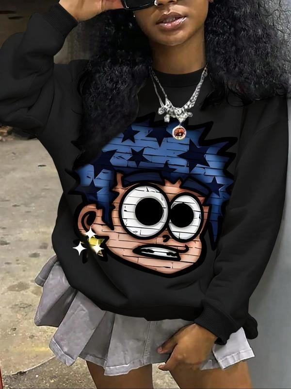 Women'WB shield Cartoon Print Round Neck Pullover, Fashion Casual Crew Neck Sweatshirt for Daily Holiday Outdoor Wear,...