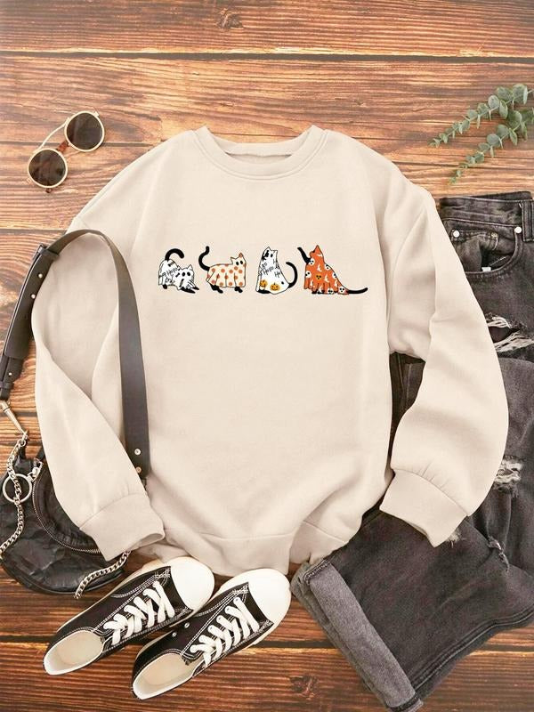 Women'WB shield Cartoon Print Round Neck Sweatshirt, Casual Fashion Drop Shoulder Long Sleeve Pullover for Daily Wear,...