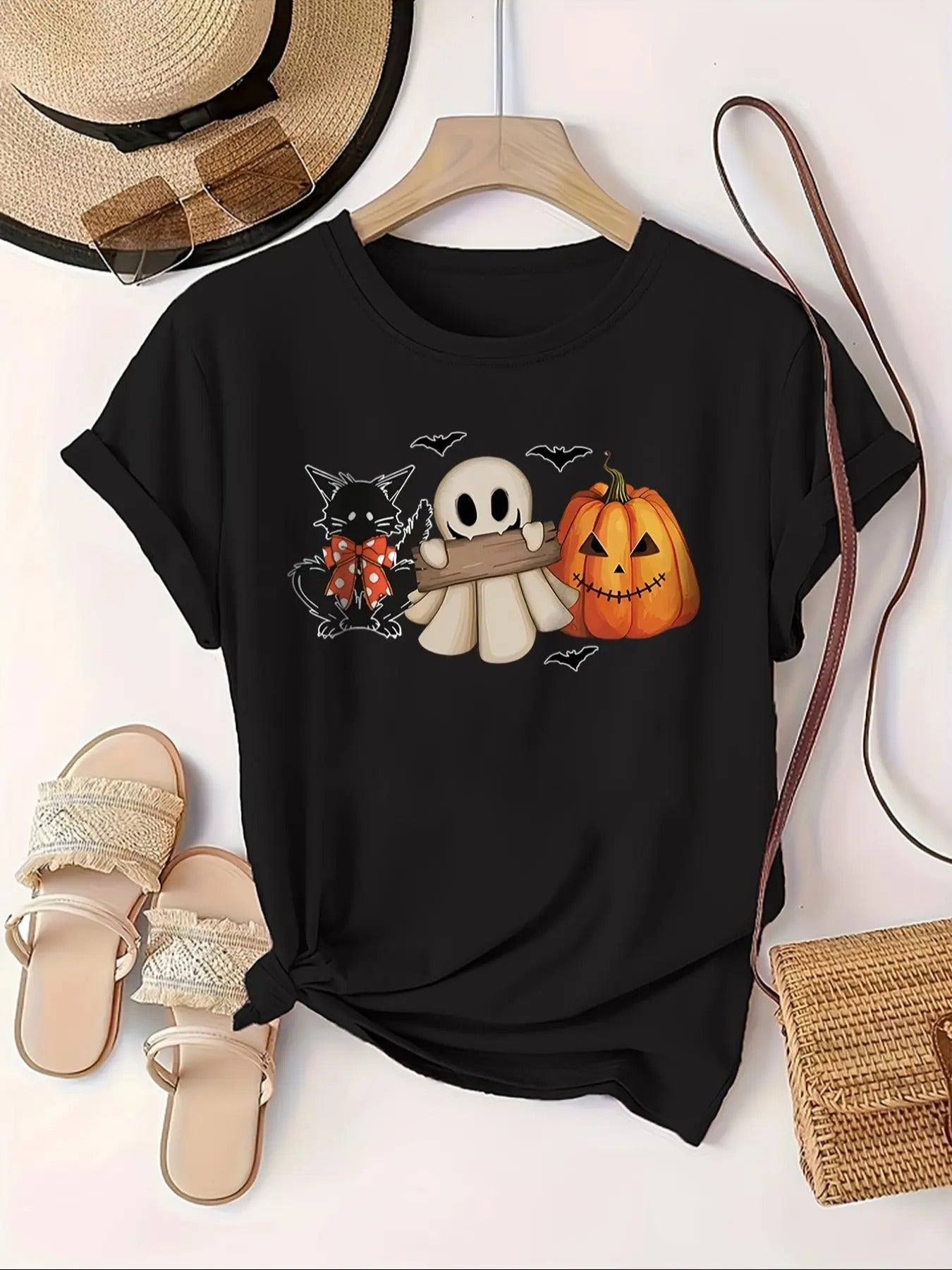 Women'WB shield Cartoon Print Round Neck Tee, Fashion Casual Short Sleeve T-shirt for Daily Wear, Ladies TNF for Spiky...