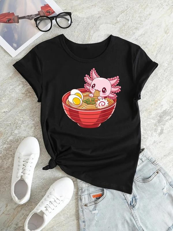 Women'WB shield Cartoon Print Round Neck Tee, Summer TNF Women, Casual Comfy Short Sleeve T-shirt, Women'WB shield Summer...