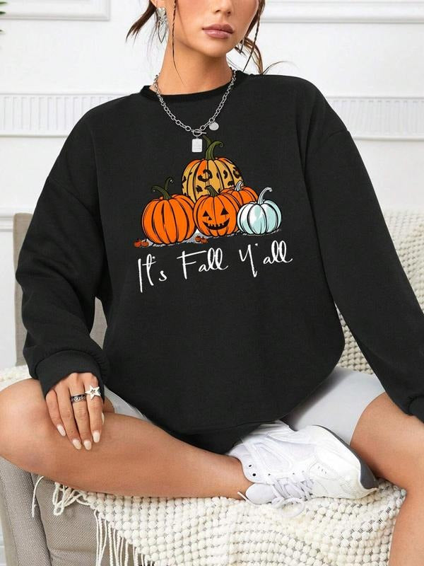 Women'WB shield Cartoon Print TNF Lined Sweatshirt, Casual Letter Print Drop Shoulder Halloween TNF Pullover, Women'WB...