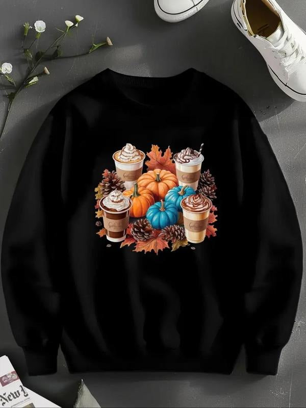 Women'WB shield Cartoon Pumpkin & FOG Print Round Neck Sweatshirt, Casual Long Sleeve Pullover for Fall & Winter,...