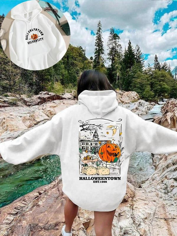 Women'WB shield Cartoon Pumpkin & Letter Print Drop Shoulder Hoodie, Halloween Fashion Casual Drawstring Pocket Hooded...
