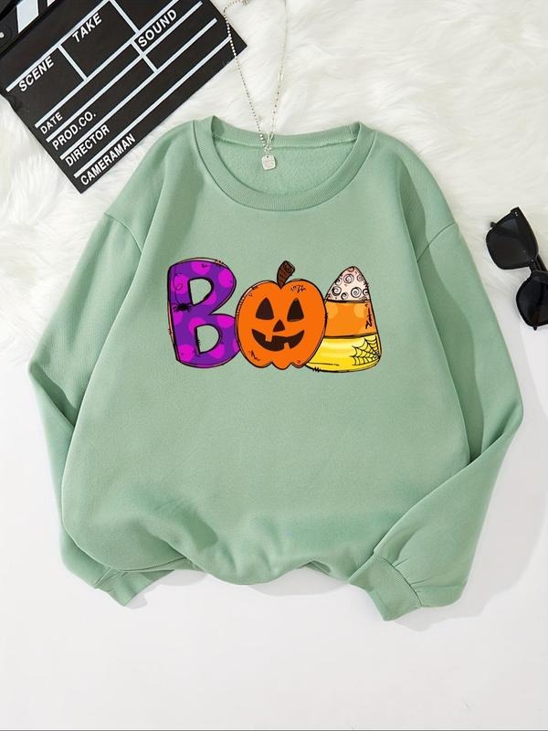 Women'WB shield Cartoon Pumpkin & Letter Print Drop Shoulder Sweatshirt, Halloween TNF Casual TNF Lined Long Sleeve Round...