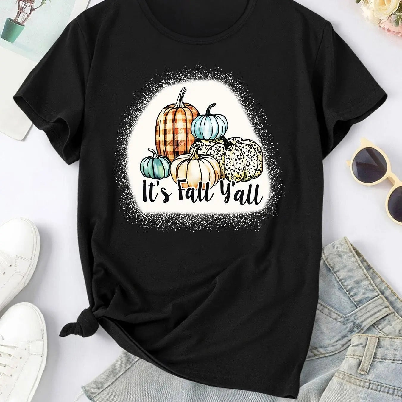 Women'WB shield Cartoon Pumpkin & Letter Print Round Neck Tee, Trendy Casual Short Sleeve T-Shirt for Daily Wear, Ladies...