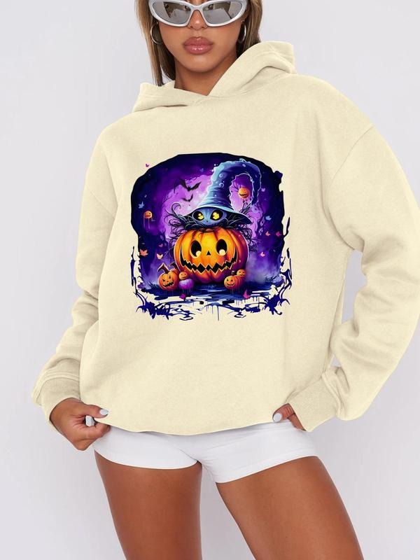 Women'WB shield Cartoon Pumpkin Print Drop Shoulder Hoodie, Fashion Casual Hooded Sweatshirt for Daily Holiday Outdoor...