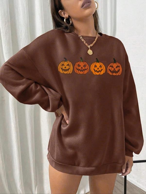 Women'WB shield Cartoon Pumpkin Print Round Neck Sweatshirt, Casual Drop Shoulder Long Sleeve Pullover for Fall & Winter,...