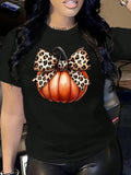 Women'WB shield Cartoon Pumpkin Print Round Neck Tee, Fashion Casual Crew Neck Short Sleeve T-Shirt for Daily Holiday...