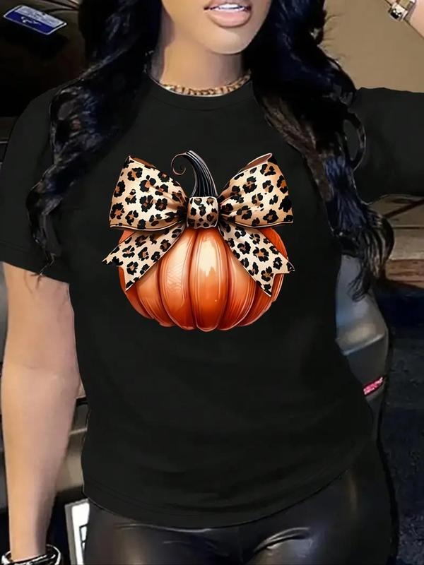 Women'WB shield Cartoon Pumpkin Print Round Neck Tee, Fashion Casual Crew Neck Short Sleeve T-Shirt for Daily Holiday...