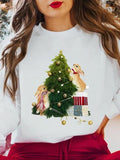 Women'WB shield Cartoon Rabbit & Christmas Tree Print Crew Neck Sweatshirt, Casual Long Sleeve Pullover for Fall &...