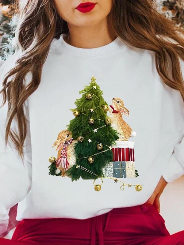 Women'WB shield Cartoon Rabbit & Christmas Tree Print Crew Neck Sweatshirt, Casual Long Sleeve Pullover for Fall &...