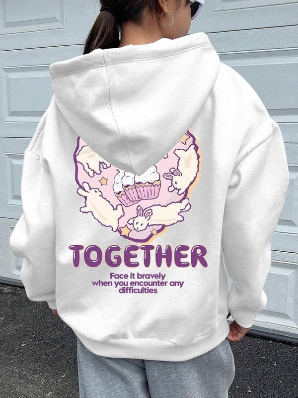 Women'WB shield Cartoon Rabbit & Letter Print Drawstring Pocket Hoodie, Casual Drop Shoulder Long Sleeve Hooded...