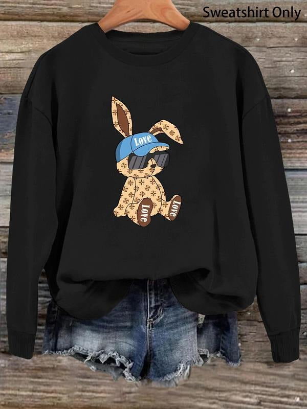 Women'WB shield Cartoon Rabbit & Letter Print Drop Shoulder Sweatshirt, Casual Long Sleeve Round Neck Pullover for Fall &...