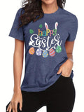 Women'WB shield Cartoon Rabbit & Letter Print Round Neck Tee, Fashion Casual Egg Graphic Short Sleeve T-Shirt for Daily...