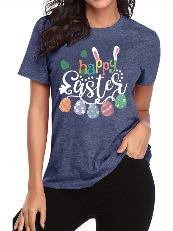 Women'WB shield Cartoon Rabbit & Letter Print Round Neck Tee, Fashion Casual Egg Graphic Short Sleeve T-Shirt for Daily...