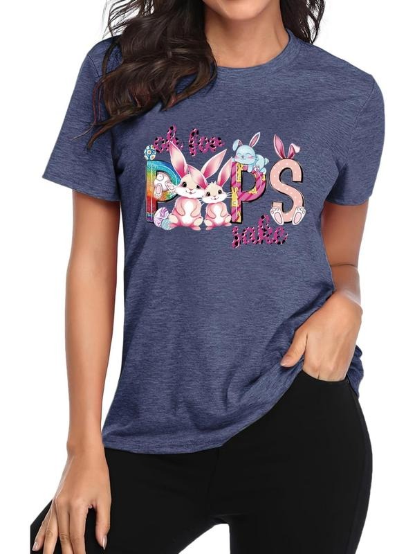 Women'WB shield Cartoon Rabbit & Letter Print Round Neck Tee, Fashion Casual Short Sleeve Crew Neck T-Shirt for Daily...