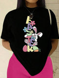 Women'WB shield Cartoon Rabbit & Letter Print Round Neck Tee, Fashion Casual Short Sleeve T-shirt for Daily Wear, Ladies...