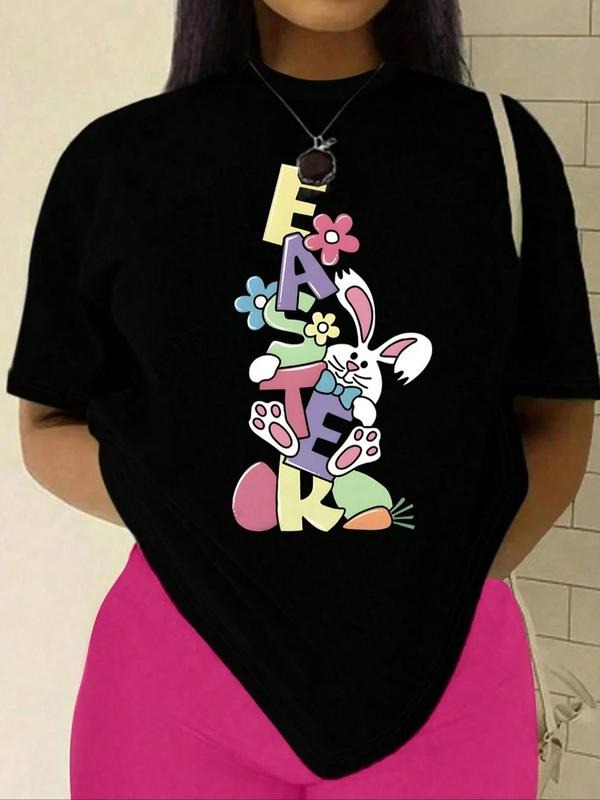 Women'WB shield Cartoon Rabbit & Letter Print Round Neck Tee, Fashion Casual Short Sleeve T-shirt for Daily Wear, Ladies...