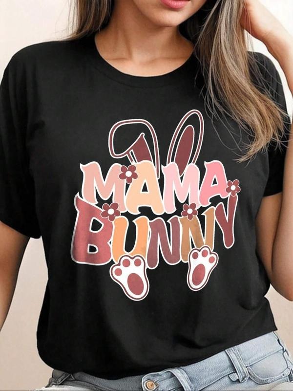 Women'WB shield Cartoon Rabbit & Letter Print Round Neck Tee, Fashion Casual Short Sleeve T-shirt for Daily Wear, Ladies...