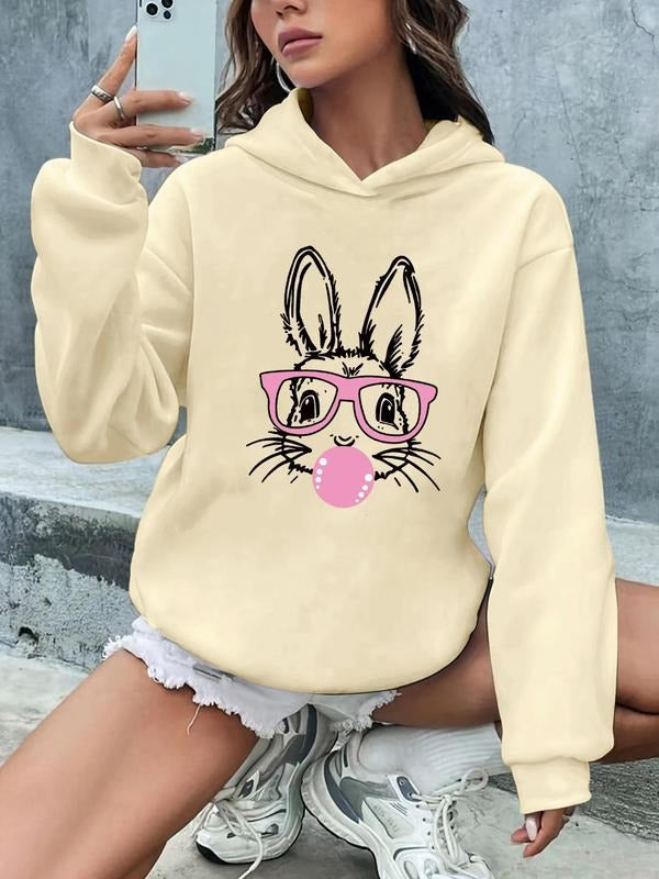 Women'WB shield Cartoon Rabbit Print Drop Shoulder Hoodie, Casual Long Sleeve Pocket Hooded Sweatshirt for Daily Wear,...