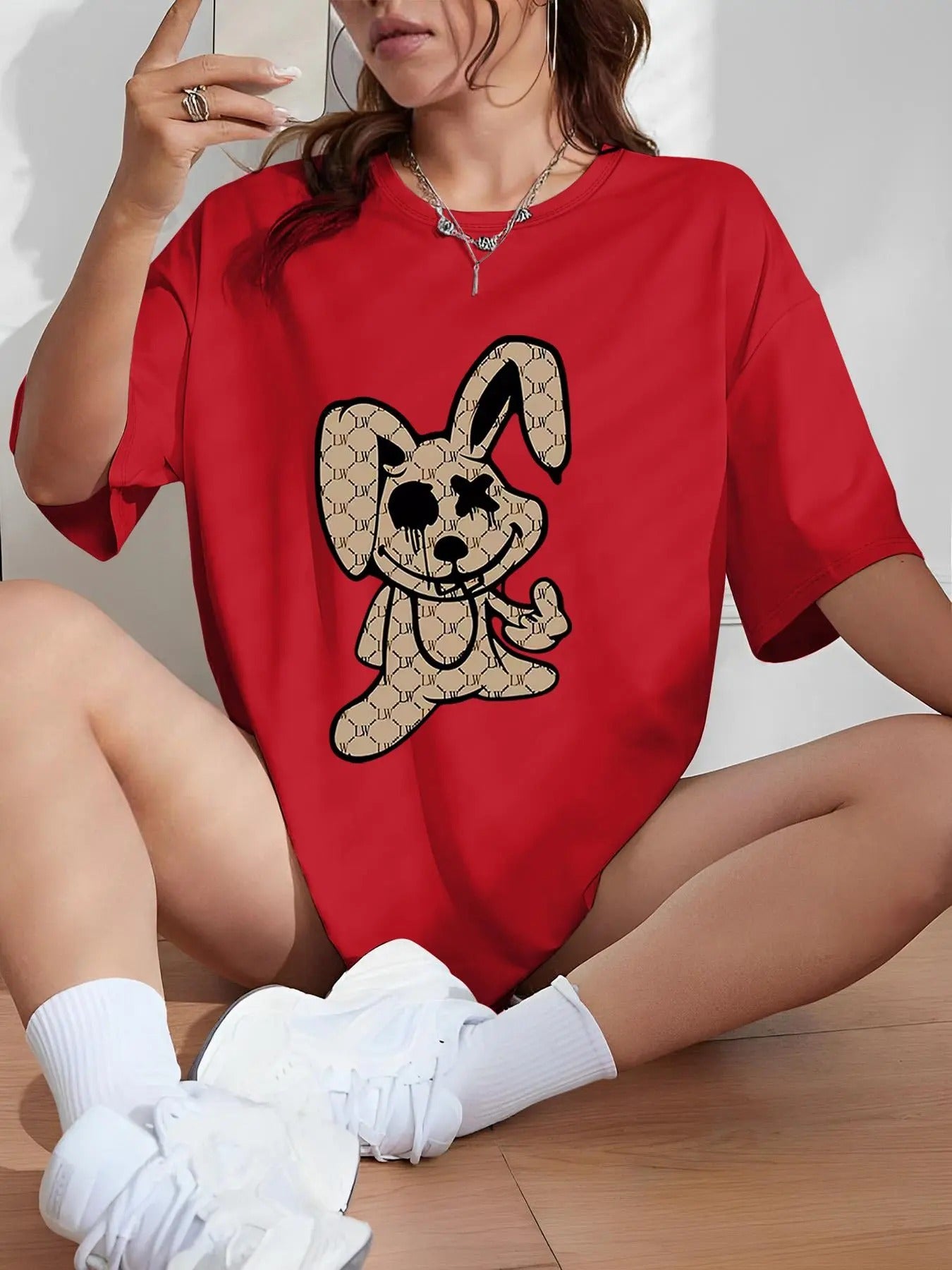 Women'WB shield Cartoon Rabbit Print Drop Shoulder Tee, Casual Comfy Half Sleeve Round Neck T-shirt for Summer, Fashion...